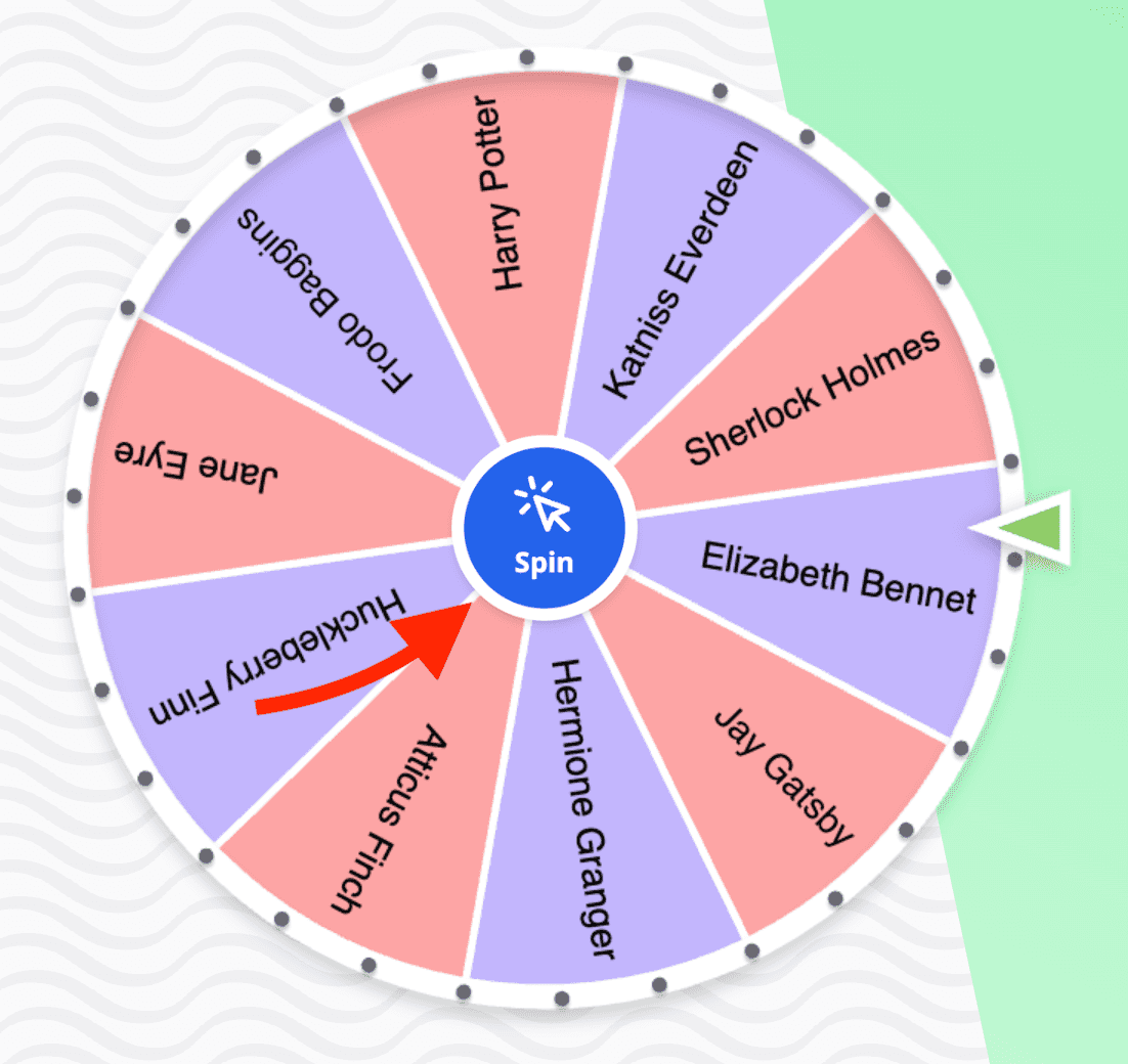 Wheel of names with a spin button in the center of the wheel highlighted.