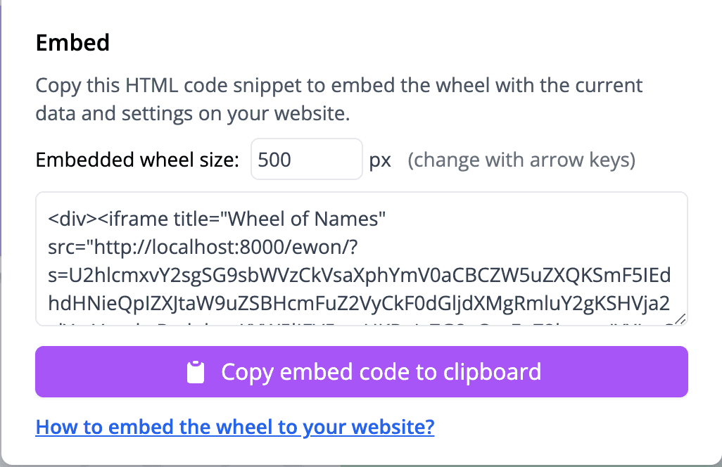 Embed section in the share or embed dialog contains the code snippet and a button for copying it to clipboard.