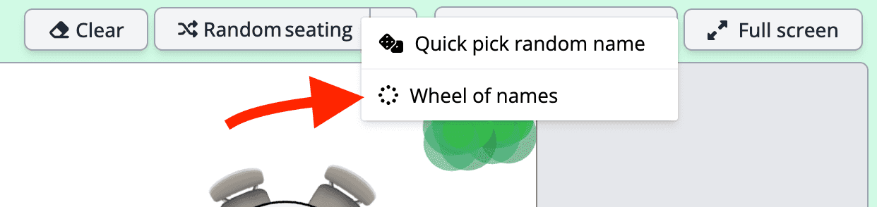 Wheel of names button in Seating Chart Maker. There are options to open the wheel with the current roster or a quick random name picker.
