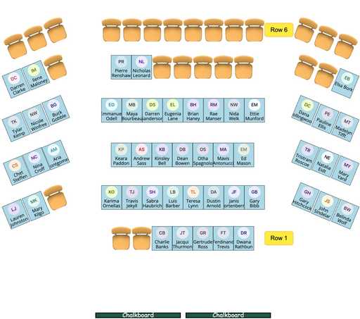 Printed seating chart with lecture hall layout and students seated. The back row is empty. The room layout is minimalistic without floor texture or decorations. The seating plan has labels for row numbers.