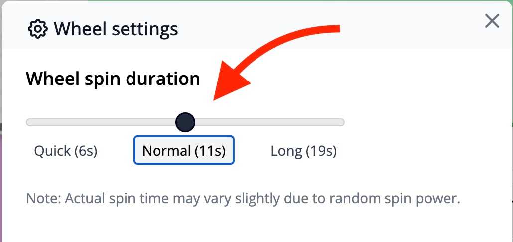 Wheel of names spin time settings. The settings contain three options: Quick, Normal, and Long. The Normal option is selected.
