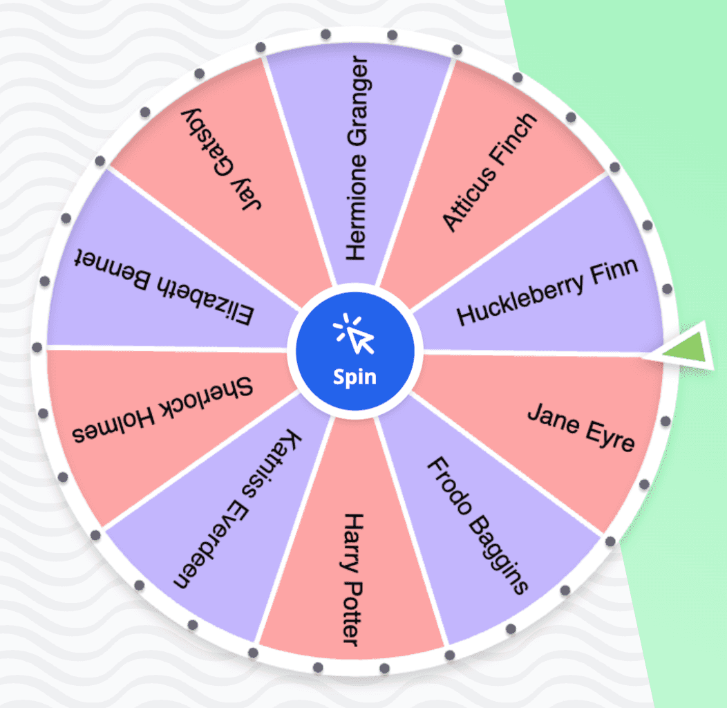 Wheel of names spinning. The wheel contains 10 literary character names. The wheel pointer is pointing at 'Sherlock Holmes'.