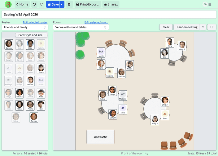 Seating chart generator screenshot in Seating Chart Maker. A seating chart is being created with guest cards being dragged to free seats. There is a random-button to generate a new random seating plan. The room has round tables with 16 out of 26 guests seated at them.