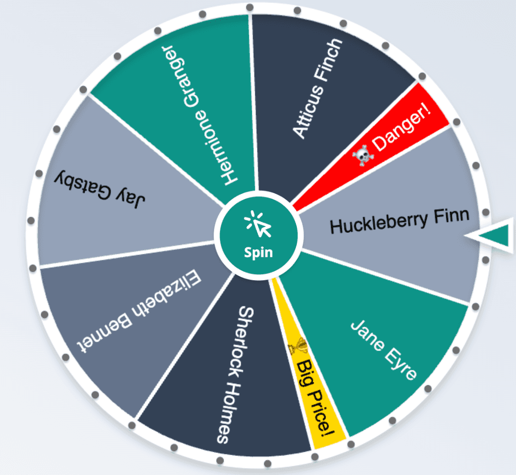 The wheel with a gold-colored narrow slice labeled 'Grand Prize' and a red slice labeled 'Danger' standing out from the other slices.