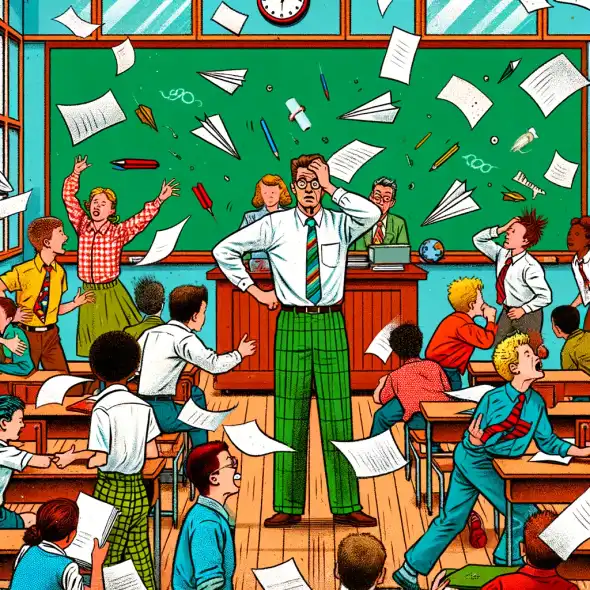 An illustrated scene showing a teacher looking flustered as chaos reigns in a classroom, with students out of their seats and papers flying around.