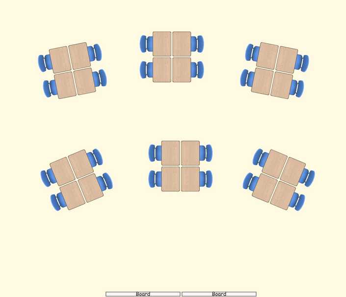 A room layout with groups of 4-person tables, formed by placing single-desks next to each other.