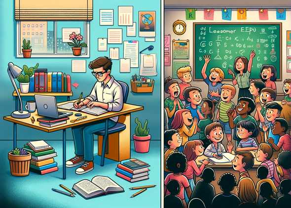 A split image showing a teacher planning and a real-life classroom