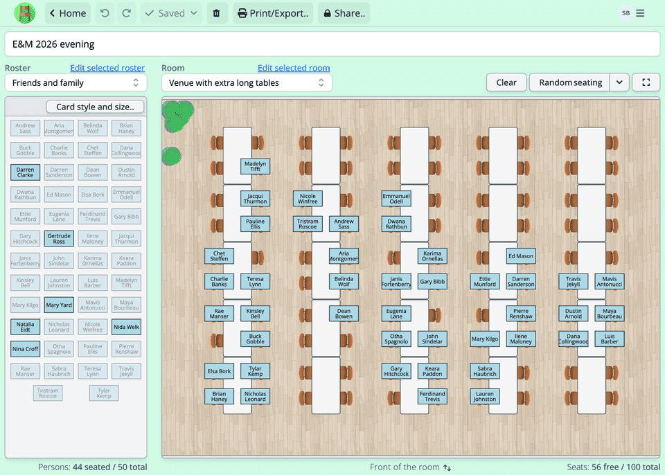 A screenshot of Seating Chart Maker software where a seating plan is being created for a wedding reception or dinner event with five long tables for 100 guests.