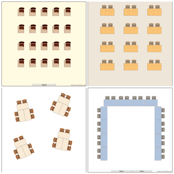 A collage of four different kinds of seating plan templates: a grid, pairs, clusters and a u-shape.