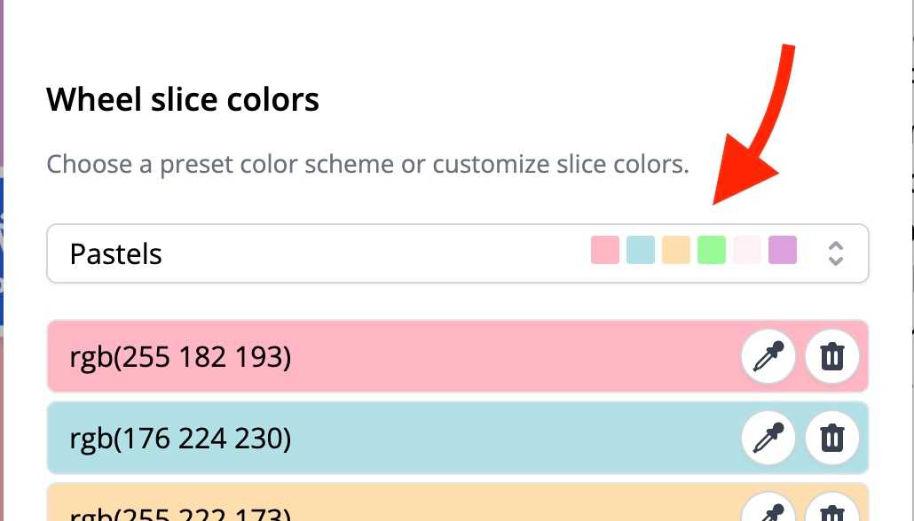 Wheel of names color scheme preset selection dropdown element highlighted.