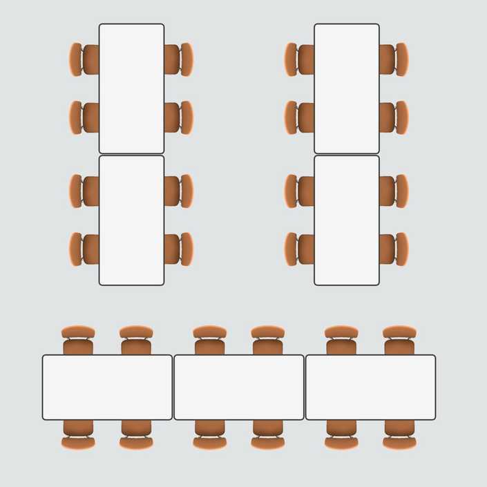 A room layout with 3 long tables.
