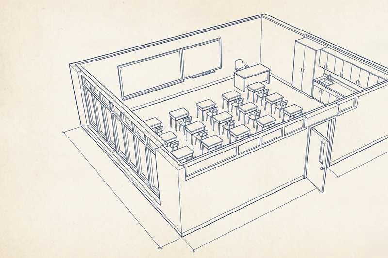 Illustration of a school classroom with desks, chairs, and a chalkboard.
