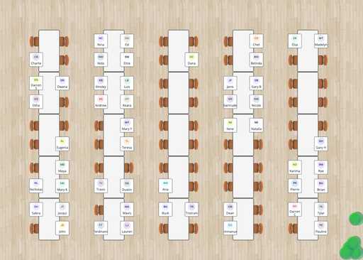 Printed seating chart with extra long tables for a large wedding reception or other event with up to 100 guests. The room has a wooden floor. The guest cards have the guest's name and an avatar generated from their initials on a white background. About half of the seats are occupied.